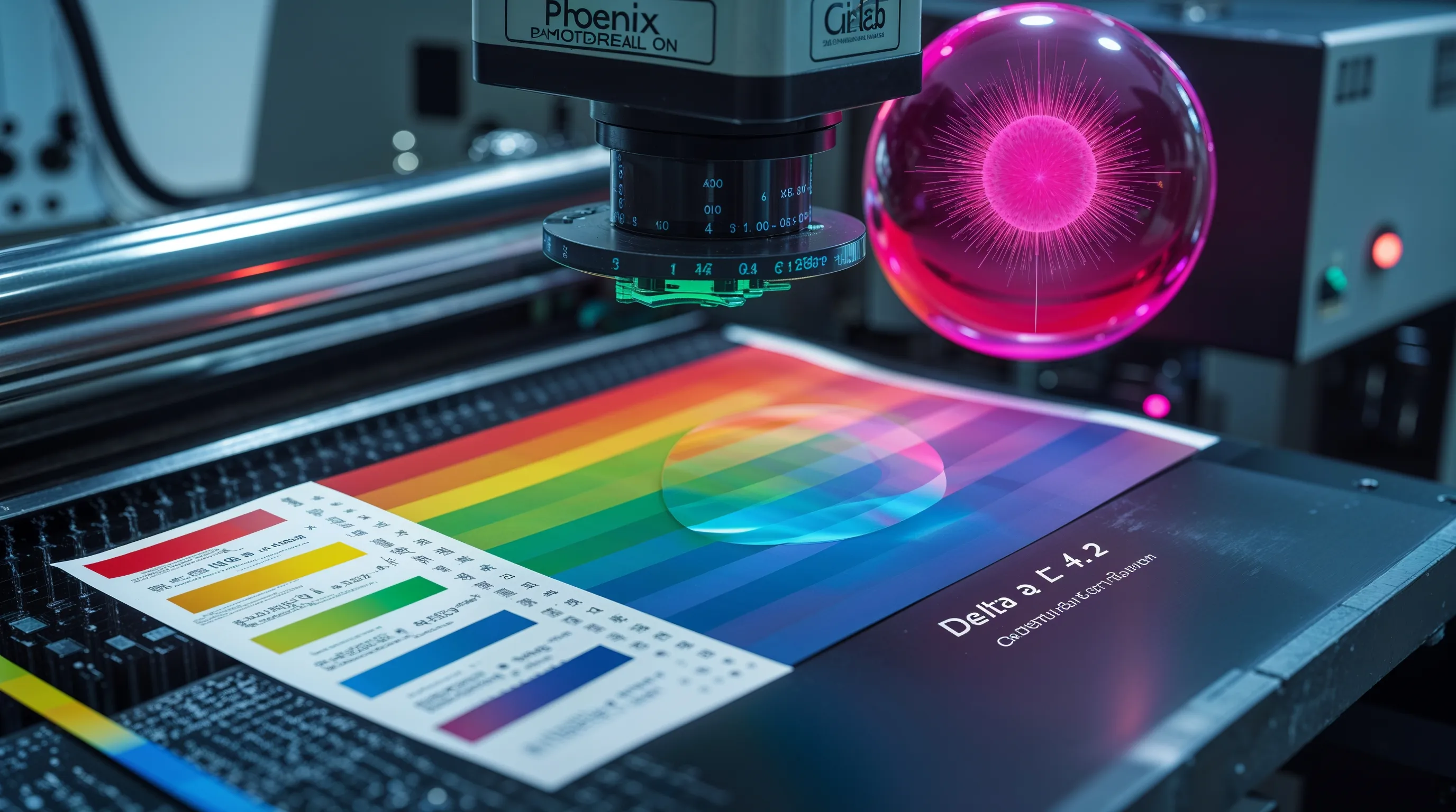 Espectrofotômetro medindo Delta E em impressão flexográfica