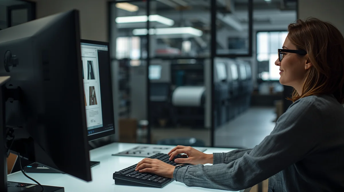 Operadora trabalhando com sistema digital de pré-impressão flexográfica